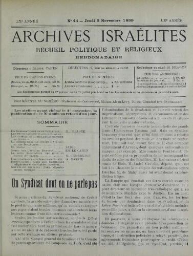 Archives israélites de France. Vol.60 N°44 (02 nov. 1899)
